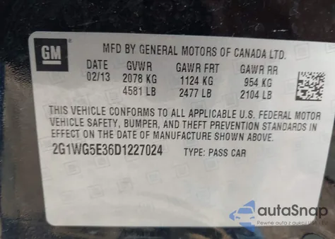 2013 Chevrolet Impala Lt из США, поврежденный, VIN 2G1WG5E36D1227024